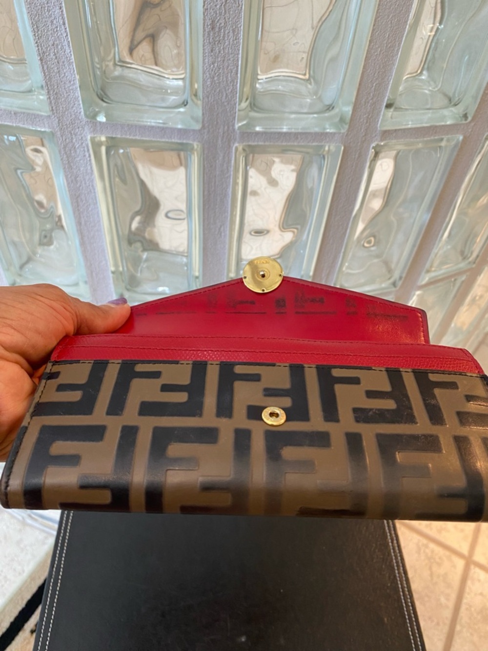 Fendi Red & Brown FF Logo Continental Envelope Zucca Monogram Wallet w/ Chain - Picture 8 of 14